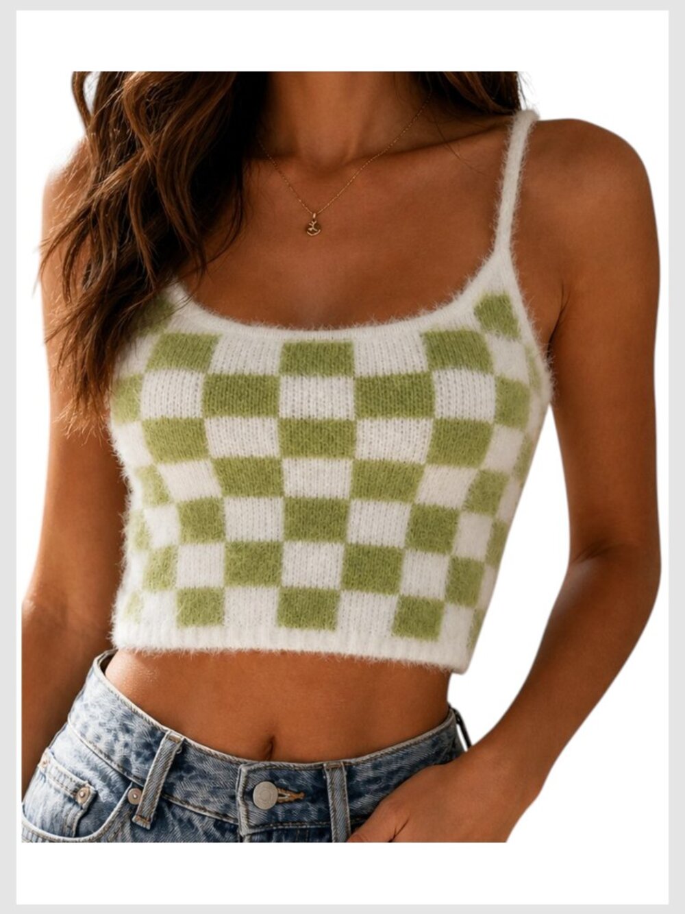 LA Hearts Checkerboard Fuzzy Knit Crop Tank Green XS